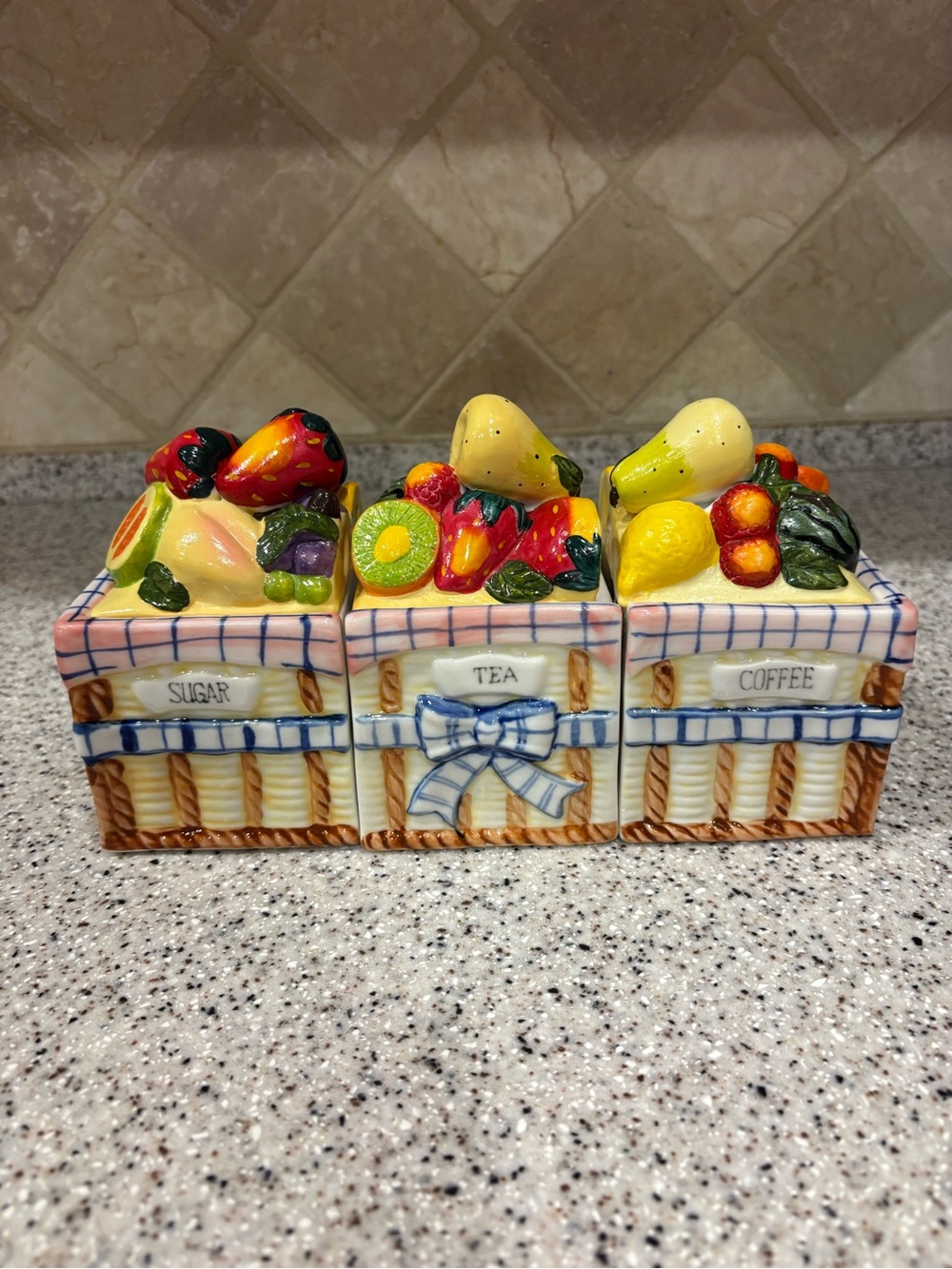 Gourmet Home Accents ceramic kitchen canisters fruits and berries in baskets